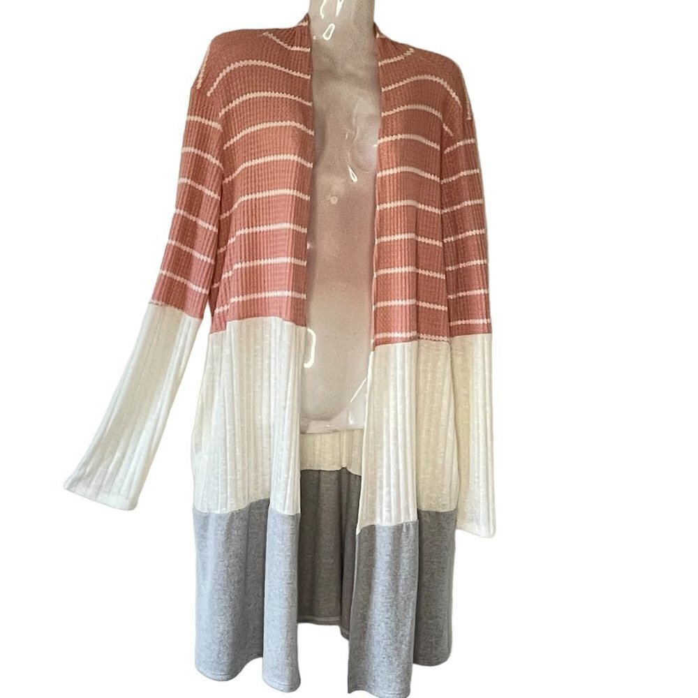 Haptics Open Cardigan Color Block Sweater Coat Tunic Length with Side Pockets